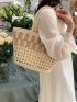 Two Tone Straw Bag Hollow Out Large Capacity Vacation For Summer