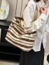 Stripe Pattern Shopper Bag Letter Patch Double Handle