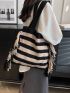 Stripped Pattern Shoulder Tote Bag Colorblock Fringe Decor For Vacation