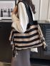 Stripped Pattern Shoulder Tote Bag Colorblock Fringe Decor For Vacation