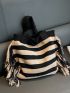 Stripped Pattern Shoulder Tote Bag Colorblock Fringe Decor For Vacation