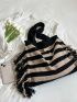 Stripped Pattern Shoulder Tote Bag Colorblock Fringe Decor For Vacation