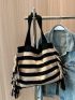 Stripped Pattern Shoulder Tote Bag Colorblock Fringe Decor For Vacation