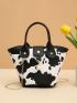 Cow Pattern Bucket Bag Faux Pearl Decor Chain PU For Daily Life