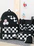 4pcs Bag Set Classic Backpack Shoulder Clutch Bucket Bag Checkered Pattern Badge Decor Preppy For School