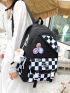 4pcs Bag Set Classic Backpack Shoulder Clutch Bucket Bag Checkered Pattern Badge Decor Preppy For School