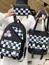 4pcs Bag Set Classic Backpack Shoulder Clutch Bucket Bag Checkered Pattern Badge Decor Preppy For School