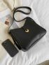 Litchi Embossed Bucket Bag PU Black For Daily Life