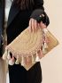 Tassel Decor Straw Bag Flap With Random Color Pom Pom Bag Charm For Vacation