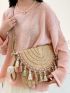 Tassel Decor Straw Bag Flap With Random Color Pom Pom Bag Charm For Vacation