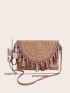 Tassel Decor Straw Bag Flap With Random Color Pom Pom Bag Charm For Vacation