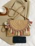 Tassel Decor Straw Bag Flap With Random Color Pom Pom Bag Charm For Vacation