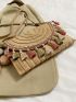 Tassel Decor Straw Bag Flap With Random Color Pom Pom Bag Charm For Vacation