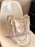 Litchi Embossed Shoulder Tote Bag Pocket Front Chain Strap For Work