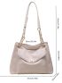 Litchi Embossed Shoulder Tote Bag Pocket Front Chain Strap For Work