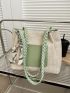 Colorblock Straw Bag Twilly Scarf Decor Double Handle For Vacation