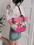 Large Colorblock Straw Bag Floral Pattern Random Color Bead Decor