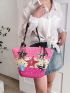 Large Colorblock Straw Bag Floral Pattern Random Color Bead Decor