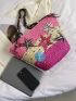 Large Colorblock Straw Bag Floral Pattern Random Color Bead Decor