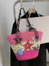 Large Colorblock Straw Bag Floral Pattern Random Color Bead Decor