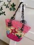 Large Colorblock Straw Bag Floral Pattern Random Color Bead Decor