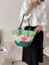 Large Colorblock Straw Bag Floral Pattern Random Color Bead Decor