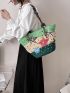 Large Colorblock Straw Bag Floral Pattern Random Color Bead Decor