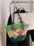 Large Colorblock Straw Bag Floral Pattern Random Color Bead Decor