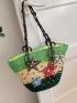 Large Colorblock Straw Bag Floral Pattern Random Color Bead Decor