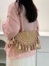 Tassel Decor Straw Bag Medium Flap For Beach Vacation Travel