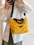 Small Shoulder Tote Bag Quilted Pattern Letter Patch Decor