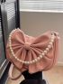 Faux Pearl Beaded Hobo Bag Bow Decor Pink