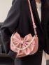 Faux Pearl Beaded Hobo Bag Bow Decor Pink