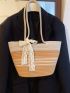 Medium Straw Bag Colorblock Twilly Scarf Decor