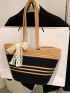 Medium Straw Bag Colorblock Twilly Scarf Decor