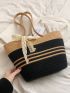 Medium Straw Bag Colorblock Twilly Scarf Decor