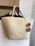 Oversized Straw Bag Double Handle Pom Pom Decor