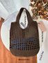 Large Capacity Crochet Bag Double Handle Hollow Out For Vacation Women's Simple Hollow Out Design Crochet Bag, Large Capacity Shopping Bag, Thick Needle And Thread Hand Bill Of Lading Shoulder Bag