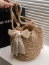 Small Straw Bag Bow Decor With Drawstring Design Inner Pouch