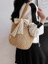 Small Straw Bag Bow Decor With Drawstring Design Inner Pouch