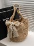 Small Straw Bag Bow Decor With Drawstring Design Inner Pouch