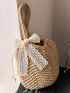 Small Straw Bag Bow Decor With Drawstring Design Inner Pouch