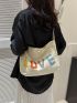 Letter Patch Hobo Bag Beige Fashionable Large Capacity For Daily