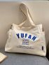 Large Shoulder Tote Bag Blue Letter High-Capacity With Adjustable Strap Preppy White For Work School Market Daily