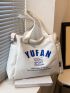 Large Shoulder Tote Bag Blue Letter High-Capacity With Adjustable Strap Preppy White For Work School Market Daily