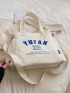 Large Shoulder Tote Bag Blue Letter High-Capacity With Adjustable Strap Preppy White For Work School Market Daily