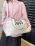 Large Shoulder Tote Bag Blue Letter High-Capacity With Adjustable Strap Preppy White For Work School Market Daily