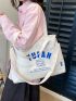 Large Shoulder Tote Bag Blue Letter High-Capacity With Adjustable Strap Preppy White For Work School Market Daily