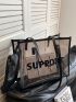 Large Shoulder Tote Bag With Insert Minimalist Letter Pattern Mesh No-Closure For Shopping