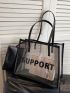 Large Shoulder Tote Bag With Insert Minimalist Letter Pattern Mesh No-Closure For Shopping